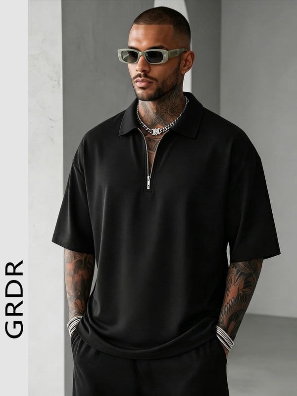  GRDR Men's Summer Half Zip Polo Shirt, Solid Color Classic Short Sleeve Suitable For Outdoor Casual Wear