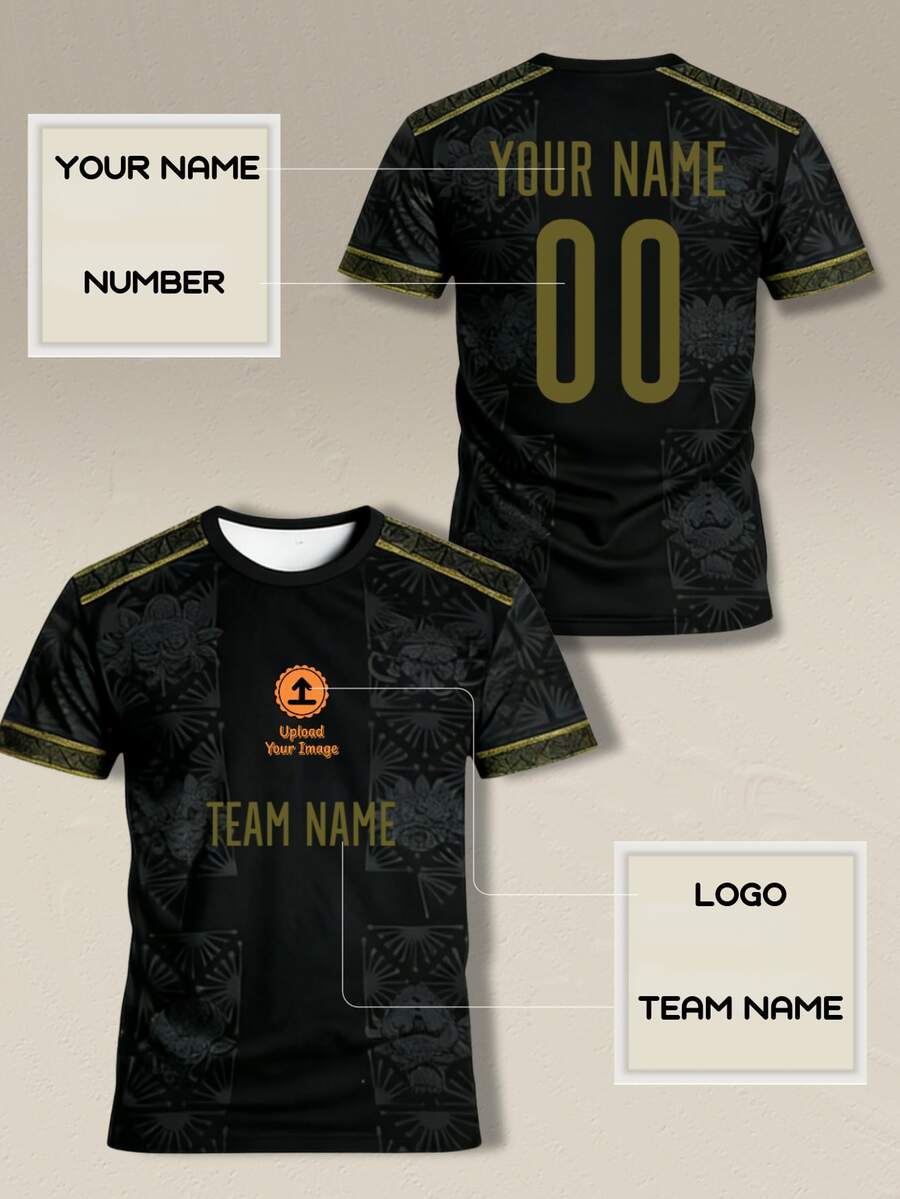 客製化男士足球球衣套裝:高性能短袖套裝,可客製化姓名、號碼與球隊標誌,昇華印花黑金配色運動風 - 黑色 - 查看 1