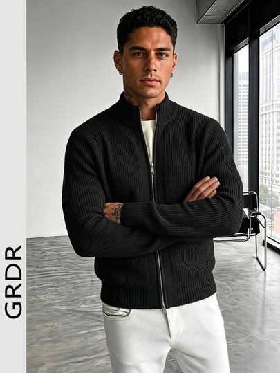 GRDR Men's Crew Neck Long Sleeve Double-Zipper Cardigan Sweater, Versatile For Daily Wear