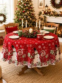 1 pieza - Mantel navideño rojo con patrón de muñeco de nieve, piruleta y copo de nieve, mantel universal impermeable redondo y rectangular, decoración de mesa para cena navideña en interiores, accesorio de decoración festiva para hogar, cocina y restaurante - Multicolor - Ver 10