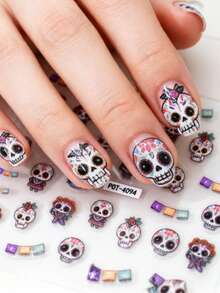 1pc Colorful Candy Skull Nail Stickers, Self-Adhesive Disposable Embossed Nail Decor, INS Style, Shiny Surface, Asymmetrical Shape, Fragrance-Free, Suitable For Theme Parties - Multicolor - View 1