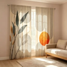 2pcs Wabi-Sabi Style Abstract Curtains, Sun And Black Line Arc, Dark Green Plant Leaf Pattern, 2D Flat Print Design, Translucent, Bedroom Living Room Study Universal Artistic Atmosphere Curtains, Curtains Only, Accessories Not Included - Multicolor - View 1