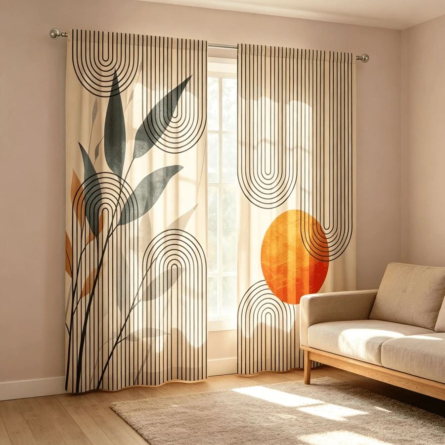 2pcs Wabi-Sabi Style Abstract Curtains, Sun And Black Line Arc, Dark Green Plant Leaf Pattern, 2D Flat Print Design, Translucent, Bedroom Living Room Study Universal Artistic Atmosphere Curtains, Curtains Only, Accessories Not Included - Multicolor - View 1