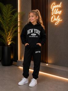Girls' 2-Piece Thermal Fleece Set, Sizes 8-14, With Hood - Black - View 2