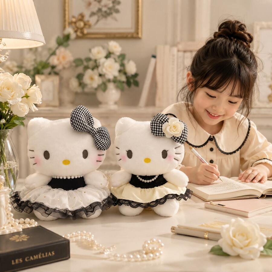 Hello Kitty 絨毛娃娃,配千鳥格蝴蝶結、山茶花、珍珠與網紗裙,黑白配色,KT娃娃,送給女朋友、好友、小孩的生日與節日禮物,臥室、客廳、沙發裝飾,溫柔INS風療癒絨毛娃娃,汽車與桌面裝飾 - 黑與白 - 查看 1