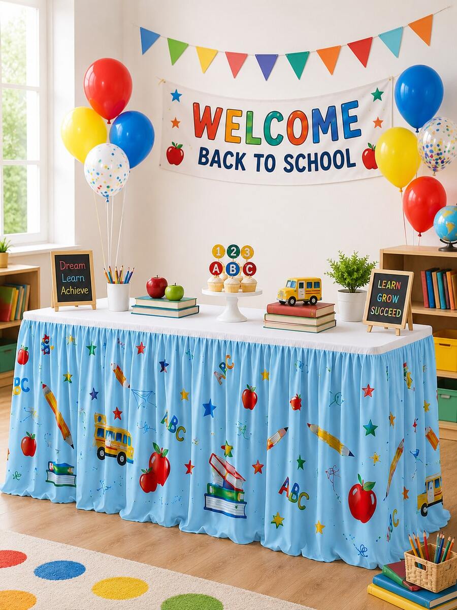1pc Cartoon Pencil Book Star Print Rectangular Table Skirt - Perfect For Home Decor, Room Decor, Bedroom Decor, Garden, Kitchen, Teacher Welcome Desk & Classroom Party Dessert Table Cover - Multicolor - View 1