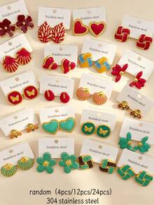 24 Stücke Set Edelstahl Ohrringe für Frauen - Geometrische Blumen Herz Schmetterling Blatt Ohrringe Schmuck, Alltag Urlaub Festival Geschenk, zufällige Stile - Verschiedenfarbig - Übersicht 1
