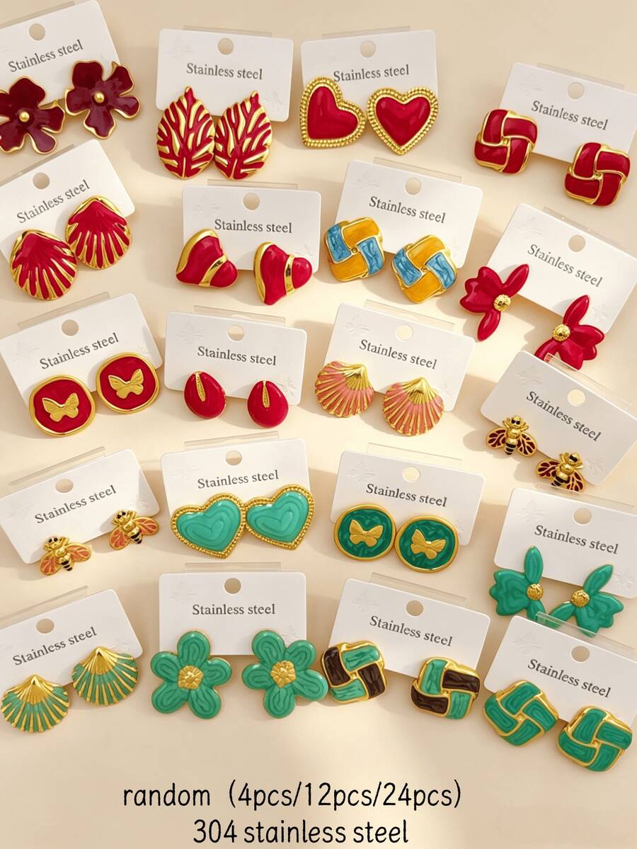 24 Stücke Set Edelstahl Ohrringe für Frauen - Geometrische Blumen Herz Schmetterling Blatt Ohrringe Schmuck, Alltag Urlaub Festival Geschenk, zufällige Stile - Verschiedenfarbig - Übersicht 1