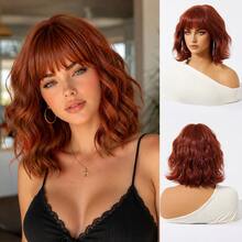12 Inch Short Wavy Bob Wig, Classic Wine Red Water Wave Bob Wig With Bangs, Heat Resistant Natural Look, Suitable For Daily Wear, Party, Cosplay - Burgundy - View 12
