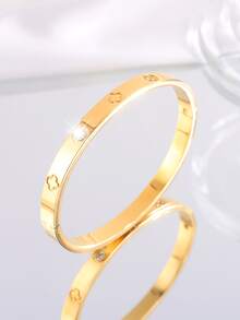 1/5Pcs Gold Plated Stainless Steel Cuff Bangles For Women, Classic Rhinestone Inlaid Stackable Bracelets, Non Tarnish Waterproof Jewelry - Gold 2 - View 6