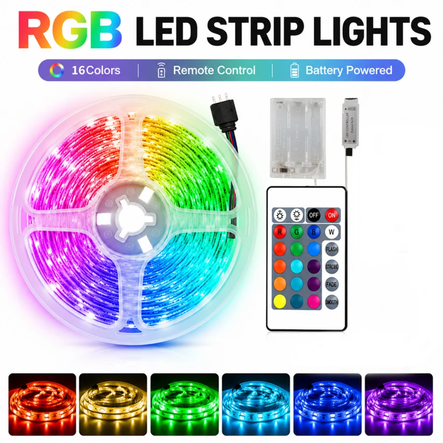 3535 RGB LED 燈條,附 24 鍵紅外線遙控器,16 色可調光,3 顆 AA 電池供電,適用於電視背光、鏡子、櫥櫃、廚房、婚禮、派對與居家裝飾(不含電池) - 3535RGB-24K - 查看 1