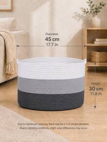 1pc Extra Large Hand-Woven Cotton Rope Laundry Basket, Bohemian Style White Beige Brown Round Striped Design, With Soft Handle, Foldable Large Capacity Clothes Storage Basket, Suitable For Bedroom, Laundry Room, Dorm, All Seasons - Multicolor - View 3