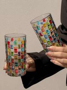 2 Sizes Bling Bling Rainbow Refractive Vintage Cups, Hand-Painted Checkered Woven Glass Water/Juice Cups - Color - View 15