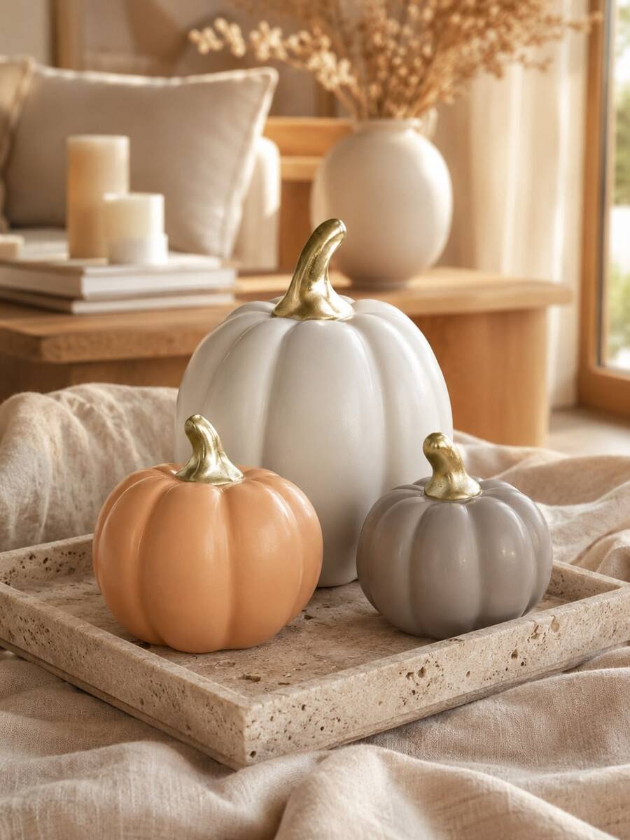 Nordic Cream Resin Pumpkin Decor Set, Scandinavian Neutral Home Decor Accents, Modern Minimalist Desktop Shelf Coffee Table Decoration, Light Luxury Aesthetic Room Decor - 1PC - View 1