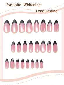 Add Romantic Flair 48片杏仁形穿戴式假指甲與短方型腳趾甲，極簡黑色法式玻璃珠貓眼全覆蓋假指甲套組，附果凍膠與迷你指甲锉，適合女性與女孩日常配戴、派對、購物、約會、DIY，果凍膠隨機發送 - 彩色 - 查看 4