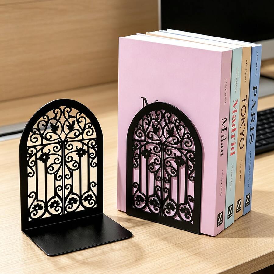 European Retro Iron Arch Shaped Book Stand | Thick Anti Slip Metal Bookshelf Storage Bracket | Desktop Book Organizer Suitable For Students/Office/Home Study/Library | Black Exquisite Carved Art Style Decorative Book Holder.