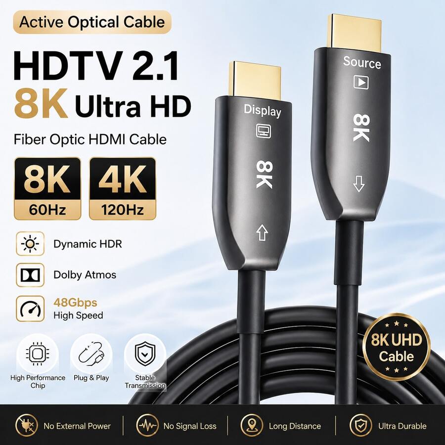 JUSTLINK 8K光纤高清电视线缆,超高速HDTV 2.1 48Gbps,支持8K@60Hz、4K@120Hz动态HDR/EARC/HDCP 2.2/2.3/3D,适用于高清电视/投影仪/家庭影院/电视盒/游戏机 - 黑色 - 查看 1