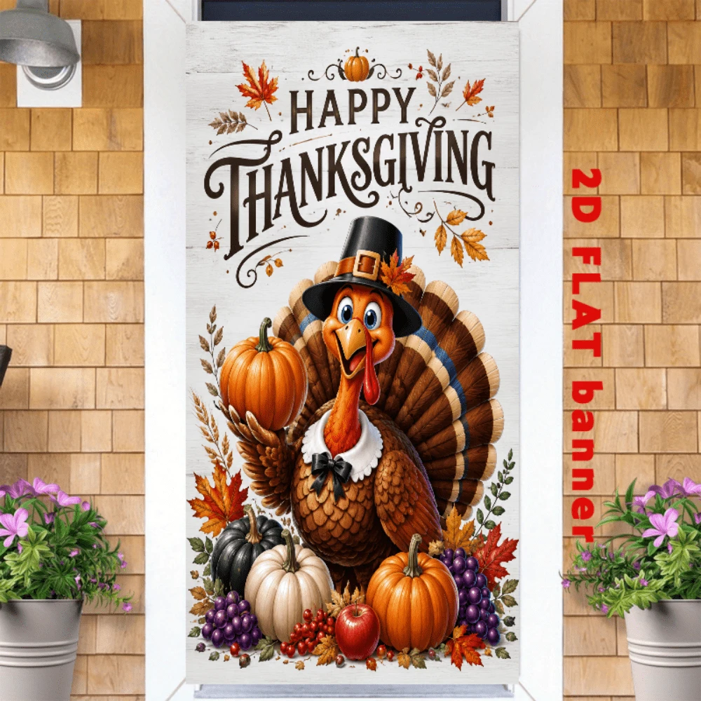 2D Flag Thanksgiving Theme Banner Background, Featuring Elements Of Autumn Such As Turkeys, Pumpkins And Maple Leaves, Suitable For Hanging And Use.