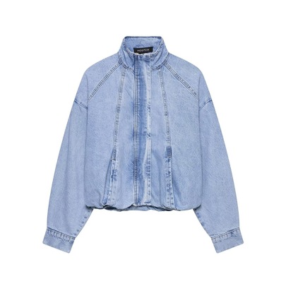 Jaket Denim Minimalis Kerah Tegak Gaya Eropa dan Amerika Terbaru untuk Wanita, Model Mellowy Autumn.