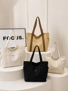 Multifunctional Canvas Bag, Multi-Pocket Large Capacity Solid Color, Suitable For Casual Shoulder Tote Bag Handbag, Applicable For School, Work, Travel - Multicolor - View 6