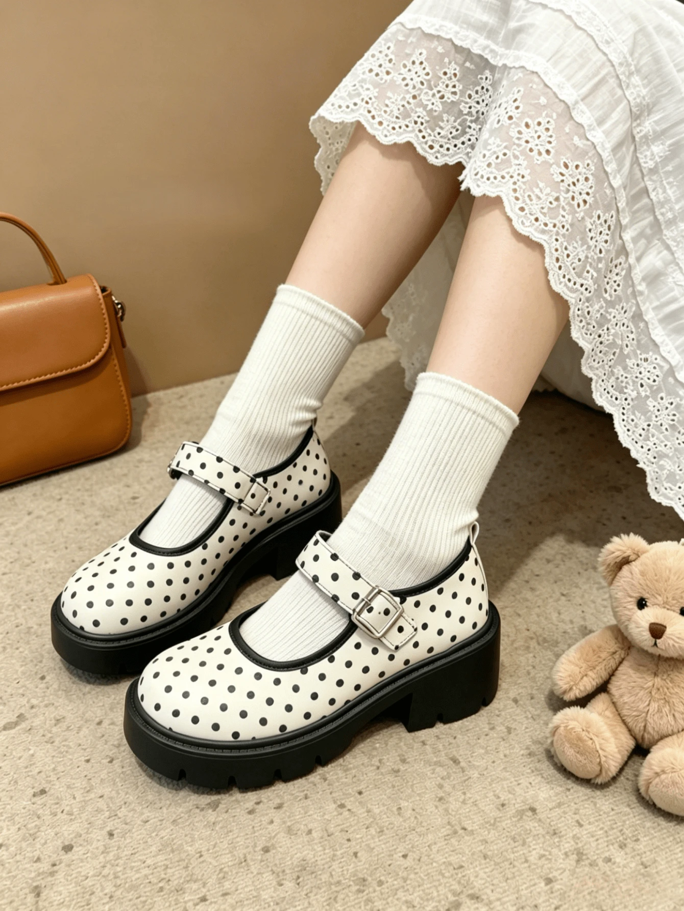 Black Mary Jane High Heels Women's 2024 Summer New Shoes Versatile College Style Thick Sole Shoes/Polka Dot Thick Sole Mary Jane Shoes Women's Height Increasing Leather Shoes Japanese JK Style Single Strap Round Toe Low Vamp Versatile Shoes - Black and White - View 1