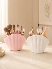 Kawaii Pink & White Shell-Shaped Resin Organizer With Vertical Texture, Multi-Use For Makeup Brushes & Pens, Vanity Bathroom Desk Decor & Birthday Gift For Girls - View 10