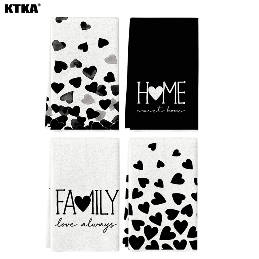 2/4Pcs Black Heart Print Kitchen Towels, Soft Microfiber Dish Tea Towels, Minimalist Farmhouse Decor Cloths For Cooking Baking Gift