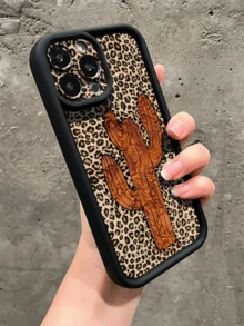 美式復古豹紋仙人掌厚款防摔手機殼，適用於 iPhone 11 12 13 14 15 16 13 Pro Max 16 Plus XR 7 8P 17 Pro Max 15 Pro Max 13 Pro 及其他機型，男女通用時尚手機殼 - 黑色 - 查看 3