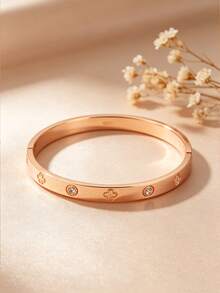 1/5Pcs Gold Plated Stainless Steel Cuff Bangles For Women, Classic Rhinestone Inlaid Stackable Bracelets, Non Tarnish Waterproof Jewelry - Rose Gold - View 6