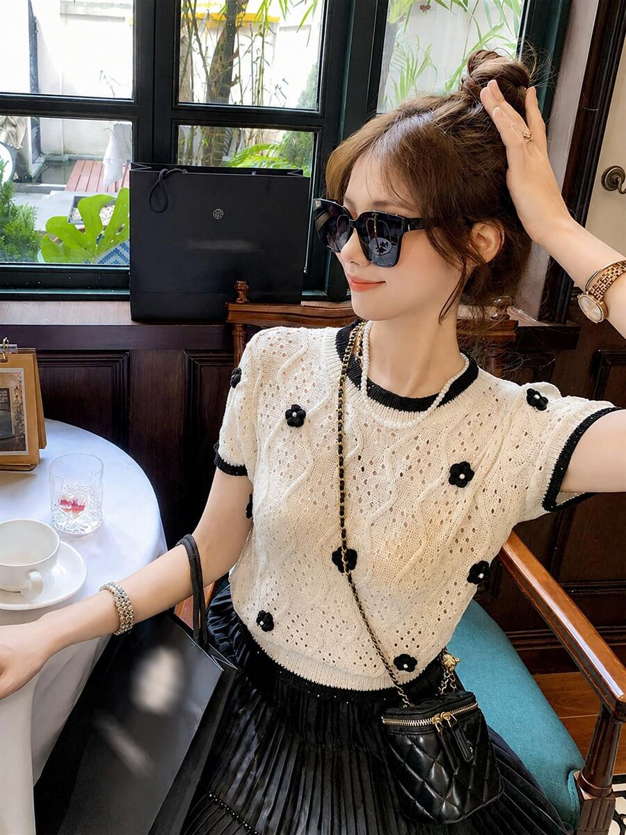 韩版优雅街头风针织上衣,甜美3D立体花卉撞色短袖T恤,质感设计,适合返校季,夏季新款休闲装 - 杏色 - 查看 1