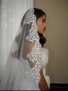 1pc Vintage Lace Trimmed Cathedral Wedding Veil, 1 Layer 3 Meters Long Soft Tulle Bridal Veil With Comb - Multicolor - View 5
