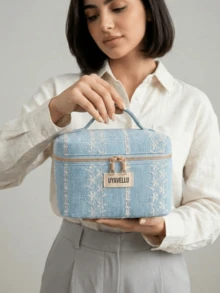 Bolsa de maquillaje azul de gran capacidad y moda, bolsa de viaje de vacaciones con patrón floral lindo, bolso de mano elegante de alta gama bohemio, bolsa de aseo de viaje portátil con cremallera, bolsa de almacenamiento portátil, esencial de viaje, útiles escolares, juego de bolsas de maquillaje de tela suave, cartera y bolso de mujer de moda, adecuado para el hogar, viajes, vacaciones y escuela, esencial para el dormitorio, regalo para dama de honor, regalo del Día de la Madre, regalo de cumpleaños. (Patrón aleatorio) - Celeste - Ver 7