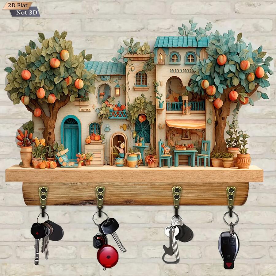 [Estilo Ins] Gancho para llaves de madera creativo, estante de almacenamiento de entrada de estilo mediterráneo pastoral, decoración de pared, soporte para llaves, estante colgante para llaves de entrada y vestíbulo, gancho decorativo para llaves, 1 pieza, diseño plano 2D - Multicolor - Ver 1