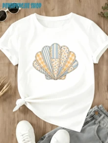 Women's Oversized T-Shirt With Seashell Design, Coastal Style, Casual Summer Tops, Clothing For 4th Of July, Graduation, Teacher's Clothing, Women's Summer Vacation - 白色 - 查看 2