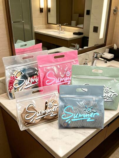 Borsa per il trucco trasparente e impermeabile, pochette da viaggio con stampa di lettere estiva, adatta per conservare shampoo, lozioni, cosmetici e altri articoli da bagno, aggiunge un tocco alla moda e pratico per viaggi, lavoro, scuola, appassionati di trucco, adatta per viaggi, fitness, alloggio in hotel, conservazione quotidiana in bagno, borsa multifunzionale per la conservazione dei cosmetici