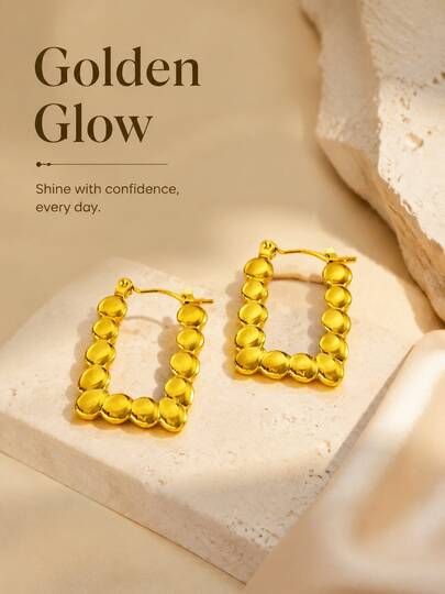 1 Pair Bohemian French Minimalist Korean Style High-End Sophisticated 316 Stainless Steel High-Polished Shiny Gold Continuous Rounded Flat Bead & Hollow Square Spring Clip Hoop Earrings, 2.4cm High X 1.7cm Wide X 0.5cm Thick, Unisex, For Back To School, Campus, Commuting, Picnic, Beach Vacation, Valentine's Day, Anniversary, Birthday Gift, Everyday Versatile Ear Jewelry