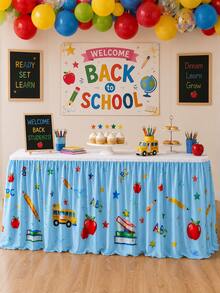 1pc Cartoon Pencil Book Star Print Rectangular Table Skirt - Perfect For Home Decor, Room Decor, Bedroom Decor, Garden, Kitchen, Teacher Welcome Desk & Classroom Party Dessert Table Cover - Multicolor - View 7