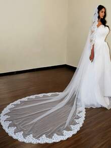 1pc Vintage Lace Trimmed Cathedral Wedding Veil, 1 Layer 3 Meters Long Soft Tulle Bridal Veil With Comb - Multicolor - View 14