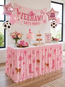 1pc Cowboy Hat Boot Bow Disco Ball Print Table Skirt - Great For Country Western Girl Birthday, Bachelorette Party, Home Decor, Room Decor, Bedroom Decor, Garden, Kitchen, Wedding, Holiday Essentials & Cowgirl Themed Celebration - Multicolor - View 7