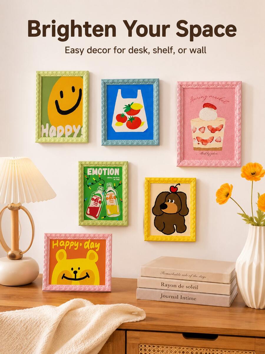 1pc 6-Inch Dopamine Colorful Mini Photo Frame, Hollow Bead Decorated Oil Painting Card Paper Art Frame, Wall-Mounted And Desktop Photo Frame, Suitable For Home Office Decor, Gallery Wall, Desktop Decoration, Graduation Gift, Father's Day Gift, Dorm Decor, Summer Decor - Multicolor - View 1