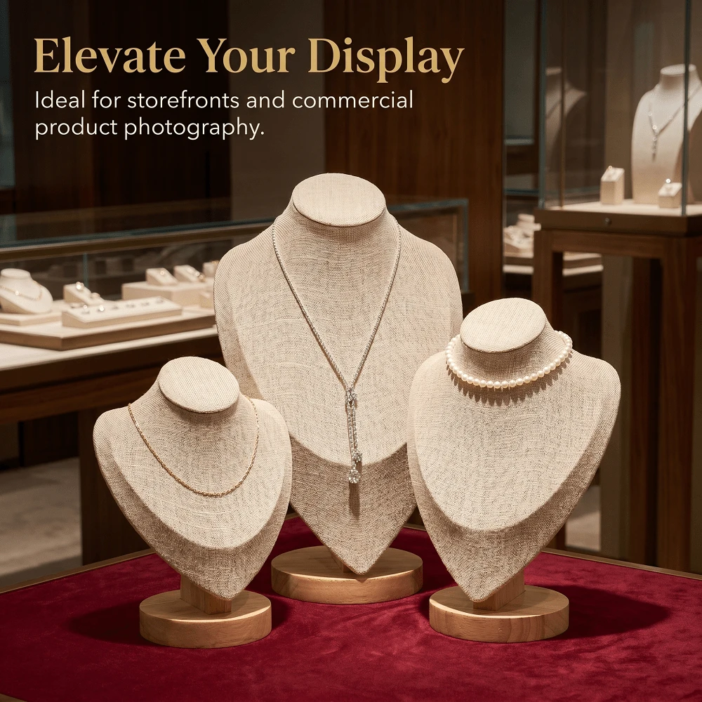 Soporte de exhibición de busto de tela de lino para collares, estante de almacenamiento de joyas con base de madera, soporte de torso para collares colgantes y aretes, accesorio de exhibición de joyas adecuado para la vitrina de la tienda - Multicolor - Ver 1