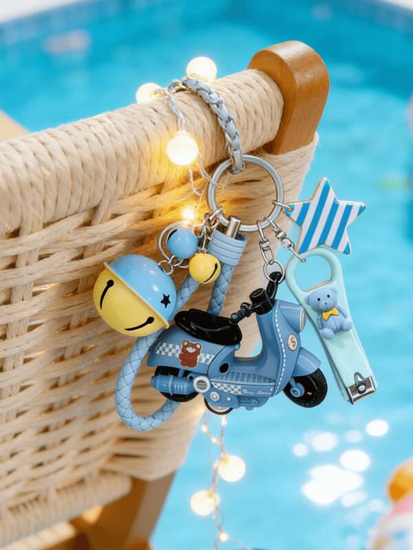 Creative Scooter Motorcycle Shaped Keychain, Color-Block Dual-Tone Bell, Striped Pentagram Decoration And Portable Nail Clipper, Cute Car Key Chain Girl's Bag Pendant Motorcycle Charm, Can Be Hung On Car Keys, Backpack, Shoulder Bag, Suitable For Girl's Accessories, Holiday Birthday Party Gifts, Backpack Pendant, Daily Carry Pendant - Multiple Color Options