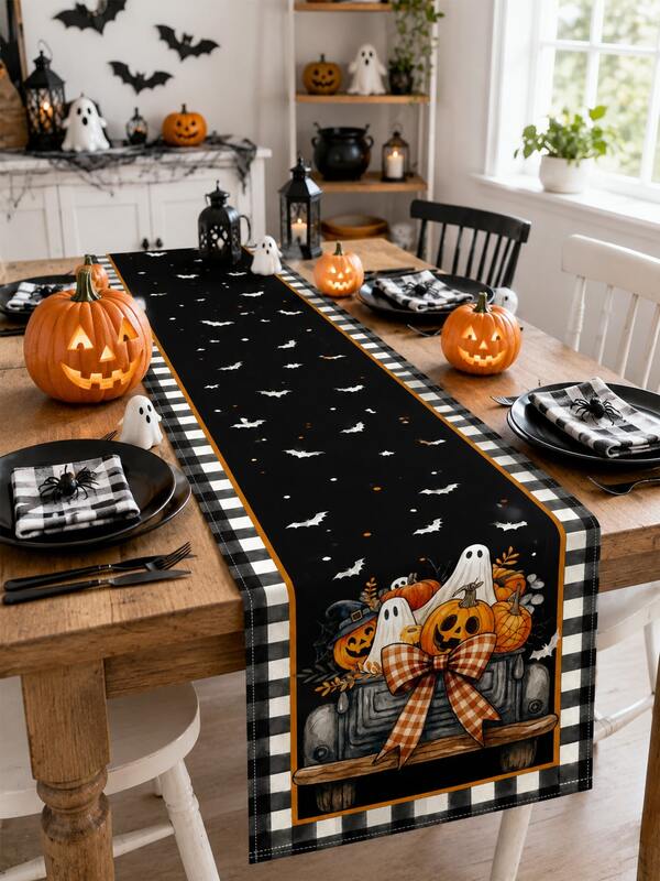 1 pieza - Camino de mesa de Halloween otoñal espeluznante, motivo lindo de calabaza & hoja de arce de otoño, camino de mesa decorativo para reuniones en el hogar, fiesta temática de Halloween & adorno de comedor