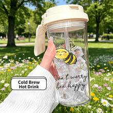 1/5pcs 500ml Plastic Coffee Cup With Cute Bee Print And "Don't Worry, Bee Happy" Text, Flip Lid And Handle. Leak-Proof Seal, Suitable For Iced Coffee, Tea And Cold Drinks. A Sweet And Joyful Gift, Perfect For Nature Lovers And Bee Enthusiasts For Daily Use. - Multicolor - Bee - View 2