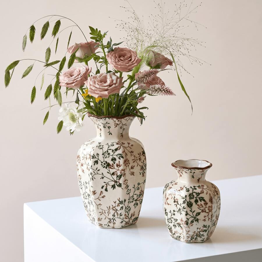 1 pieza Jarrón de cerámica vintage con diseño floral, jarrón hexagonal con esmalte agrietado y borde oscuro, jarrón decorativo de estilo campestre adecuado para el hogar, sala de estar, entrada, boda - multicolor - Ver 1