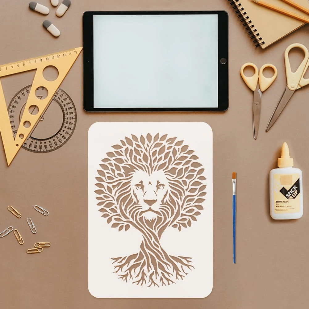 4 pièces Pochoirs de peinture Arbre de Vie Animal, Modèles de gribouillage d'arbre et d'animal lavables et réutilisables, Convient pour les loisirs créatifs DIY et la décoration de la maison - A - Voir 1