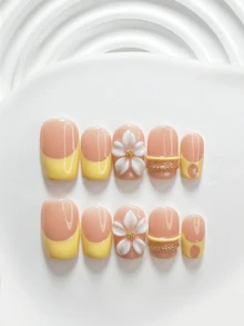 10件裝復古風手工穿戴式美甲貼片，Polygel美甲套組，鏈條五瓣花設計，黃色指甲油，甜美清新風，含美甲工具，3種尺寸可選，方型/短方型/杏仁型，適合派對、跳舞、日常配戴 - 彩色 - 查看 20