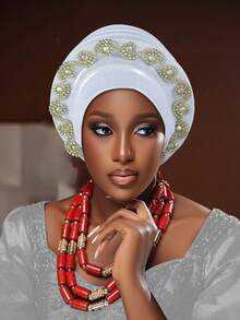 1pc Stylish And Versatile African-Style Headscarf Hat, Adorned With Rhinestones, Is Perfect For Weddings And Banquets. - Multicolor - View 9