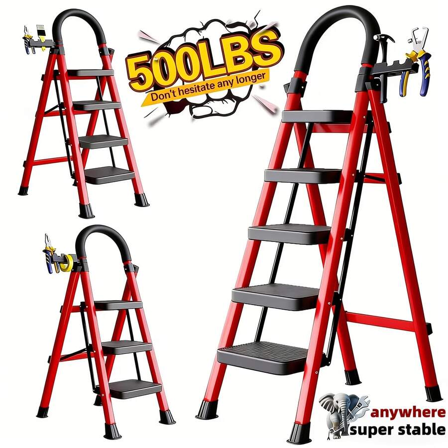 Niedeo 500lbs Load-Bearing Folding Step Ladder, Heavy-Duty Steel Portable Ladder With Anti-Slip Wide Treads, Convenient Handrails & Safety Lock Design, Sturdy Step Stool For Home, Kitchen, Garage & Office Use, Multi-Function Durable Ladder In Black & Red - 5 Step Ladder (Black) - View 1
