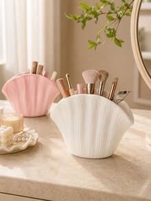 Kawaii Pink & White Shell-Shaped Resin Organizer With Vertical Texture, Multi-Use For Makeup Brushes & Pens, Vanity Bathroom Desk Decor & Birthday Gift For Girls - View 8